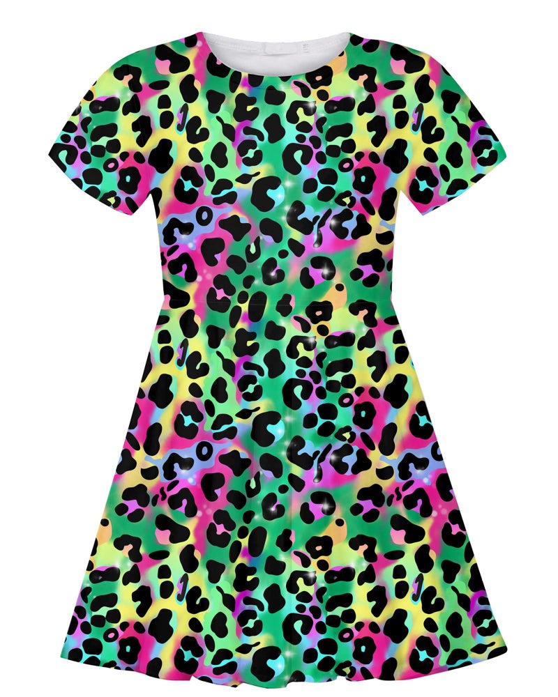 ALISISTER 7T Cheetah Dress Girls Little Casual Tshirt Sundress Swing Kids School Dance Twirl Colorful Leopard Dresses Birthday Party Outfits Summer Funny Playwear Size 6-7 - Image 1